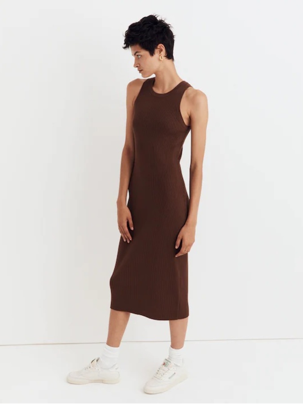 Madewell Sleeveless Ribbed Midi Sweater Dress In Forage Brown Size Small